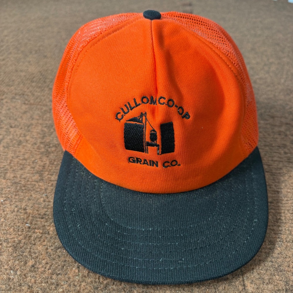 Vintage Cullom Co-Op Grain Co Trucker Hat Orange Black Mesh Snapback Made in USA